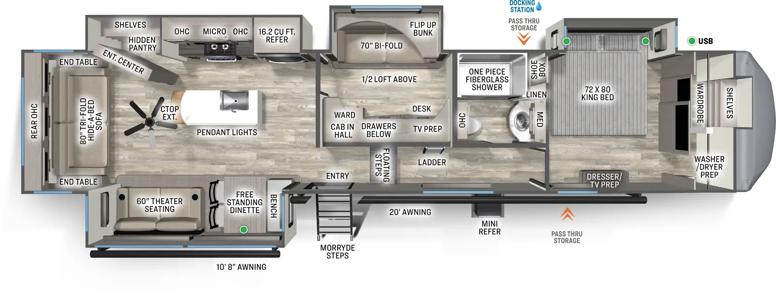 The Sierra Fifth Wheels 4003MB floorplan has one entry and four slide outs. Exterior features include: fiberglass exterior and 10'8" & 20' awning. Interiors features include: bunk beds, loft, kitchen island, free-standing dinette option, front bedroom and rear living.